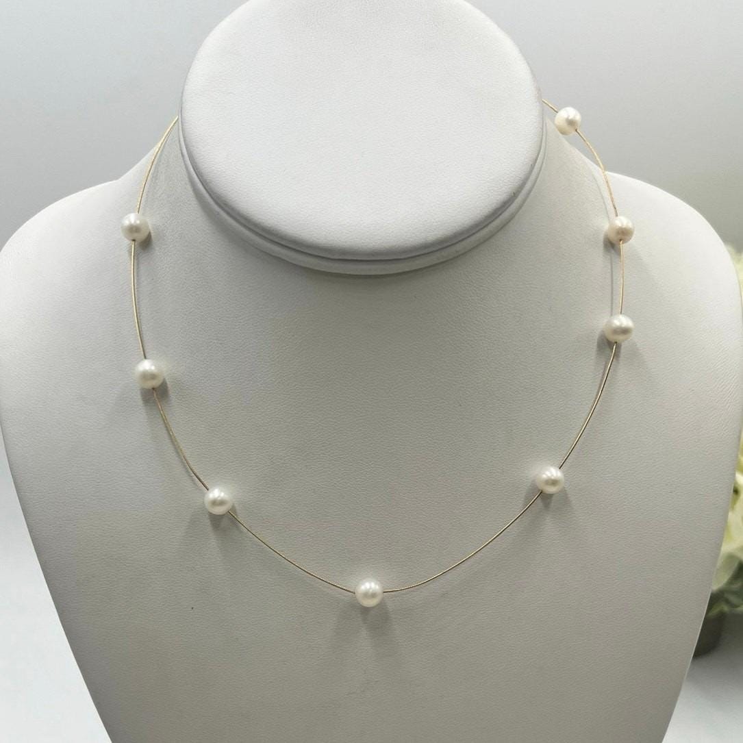 Jcr 14k Yellow Gold Snake Chain Designer Station Floating White Pearl Necklace